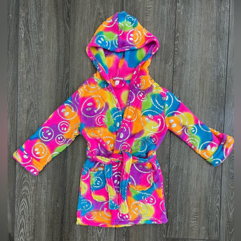 Adorable Girls Smiley Face Neon Plush Robe - Size 6/6X